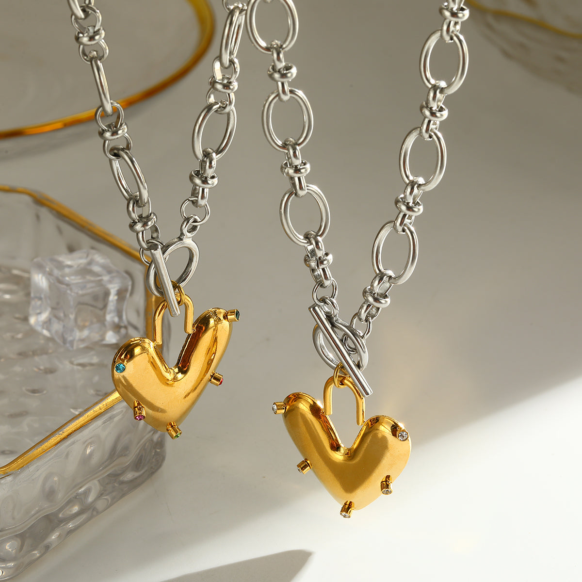 Heart Shape Pendant Necklace For Women In 304 Stainless Steel With 18K Real Gold Plated And Rhinestones, Perfect For Valentine's Day