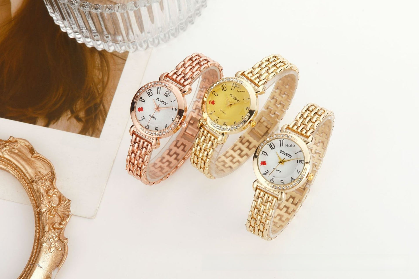 Women's Quartz Watch With Stainless Steel Strap And Buckle, Featuring Tempered Glass Mirror And Pointer Display