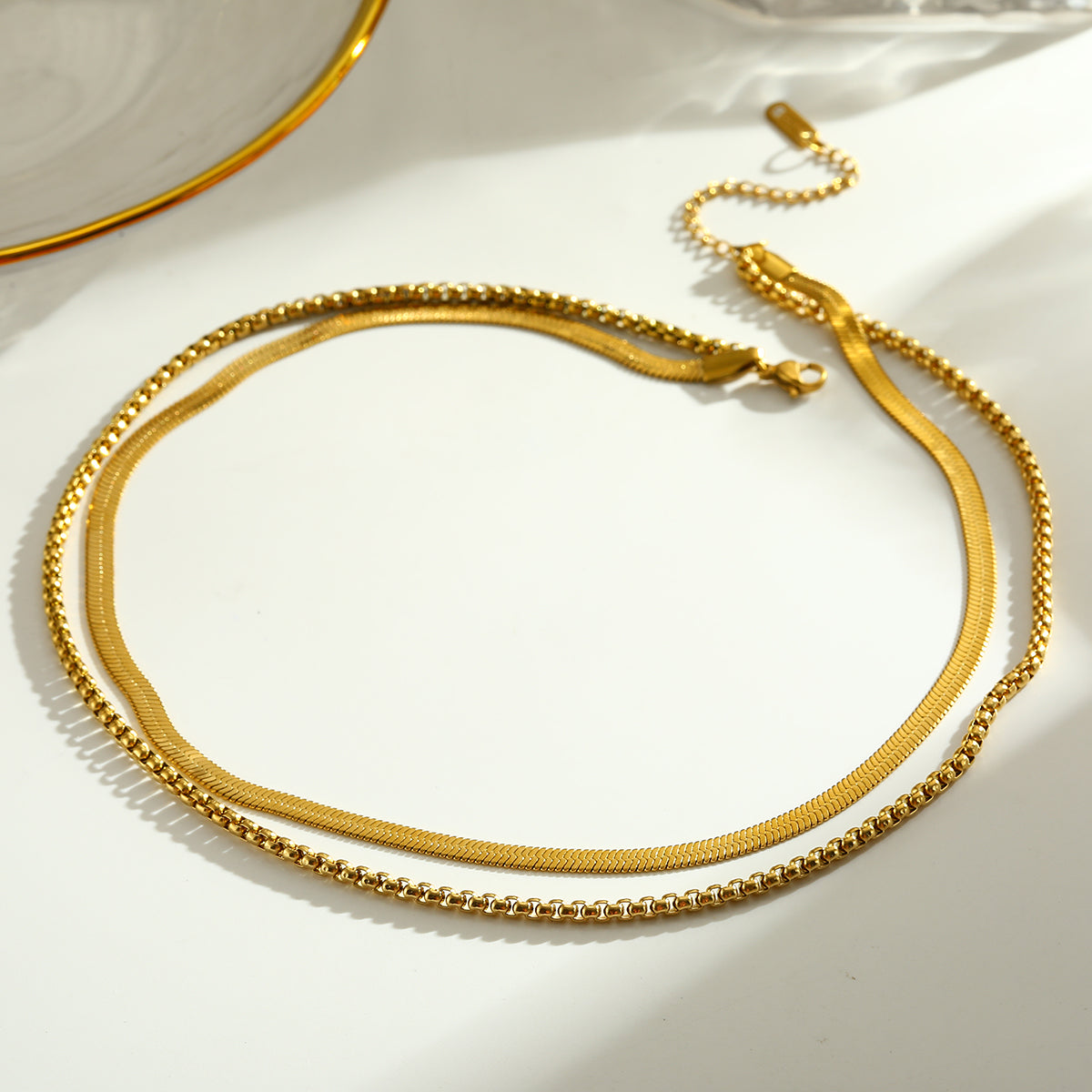 Solid Color Double Layer Necklaces For Women In 201 Stainless Steel With Electroplated 18K Real Gold Plated Flat Snake Chain