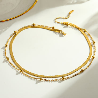 Solid Color Double Layer Necklaces For Women In 201 Stainless Steel With Electroplated 18K Real Gold Plated Flat Snake Chain