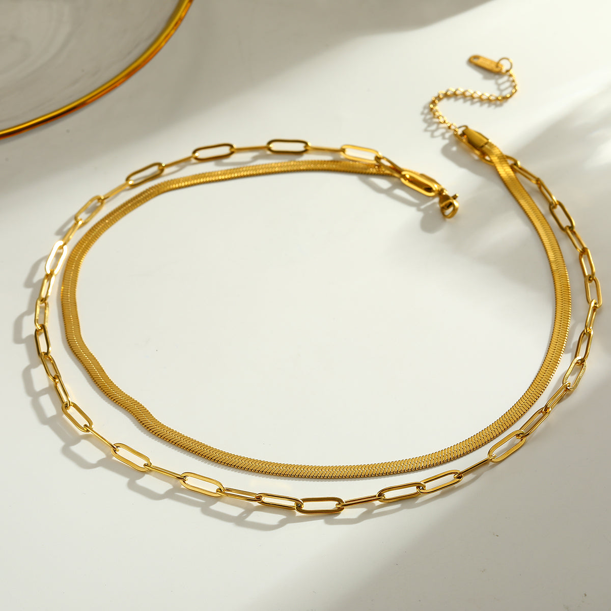 Solid Color Double Layer Necklaces For Women In 201 Stainless Steel With Electroplated 18K Real Gold Plated Flat Snake Chain