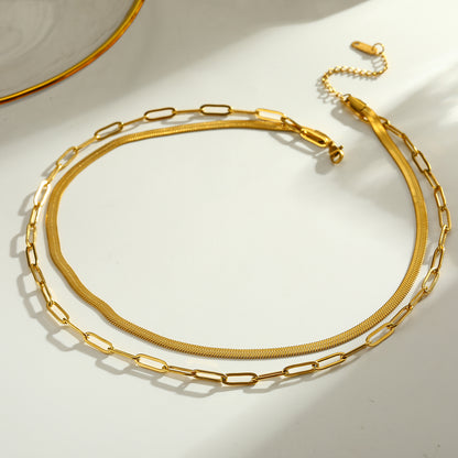 Solid Color Double Layer Necklaces For Women In 201 Stainless Steel With Electroplated 18K Real Gold Plated Flat Snake Chain