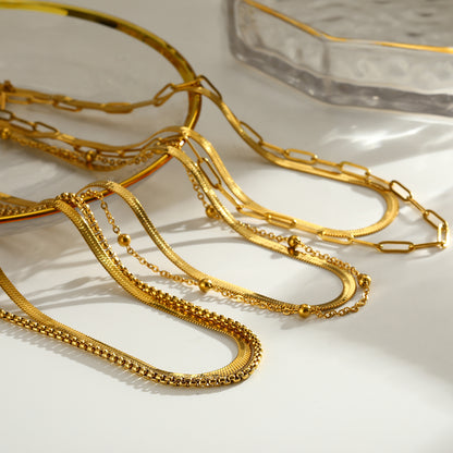 Solid Color Double Layer Necklaces For Women In 201 Stainless Steel With Electroplated 18K Real Gold Plated Flat Snake Chain