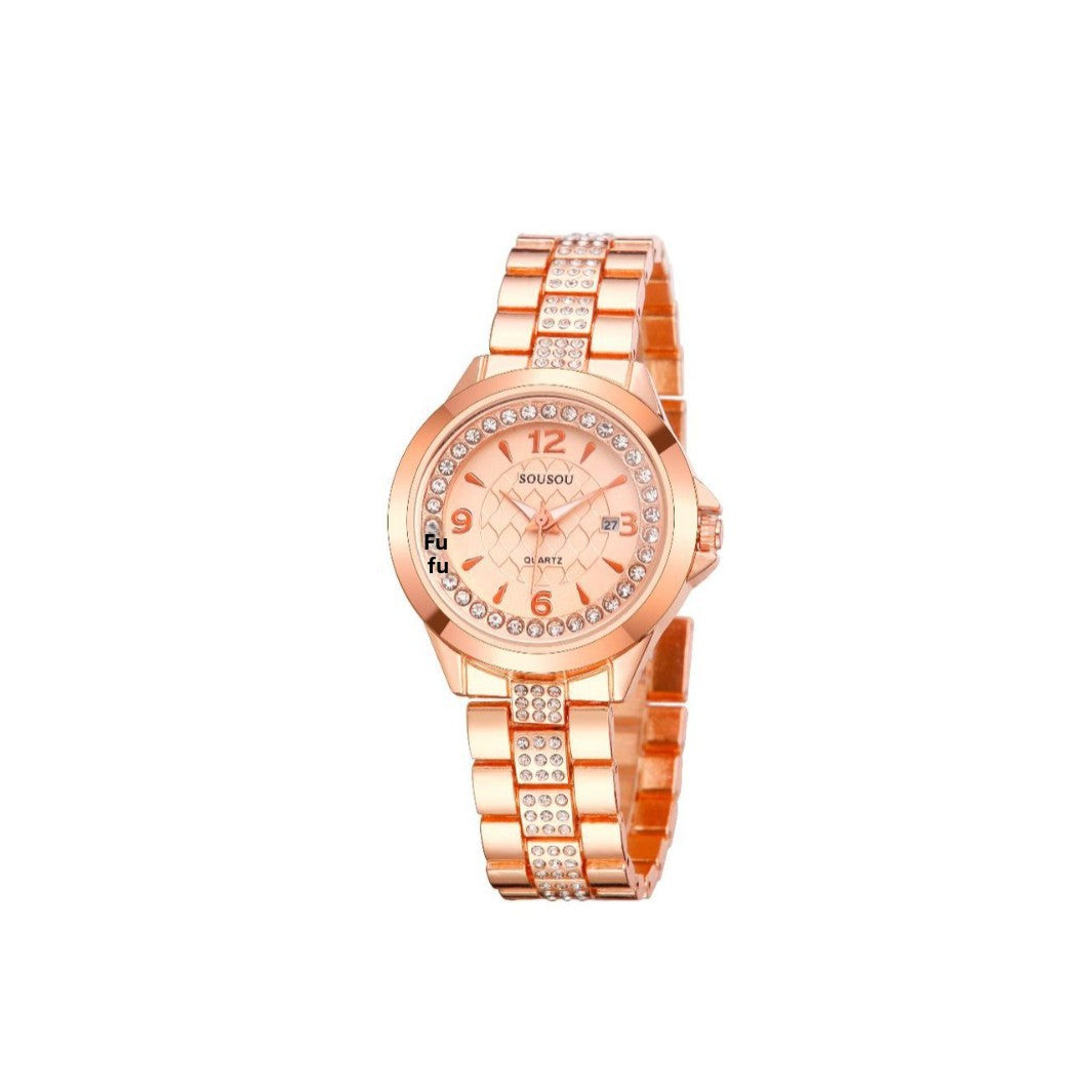 Women's Quartz Watch With Stainless Steel Strap And Buckle, Featuring Tempered Glass Mirror And Pointer Display