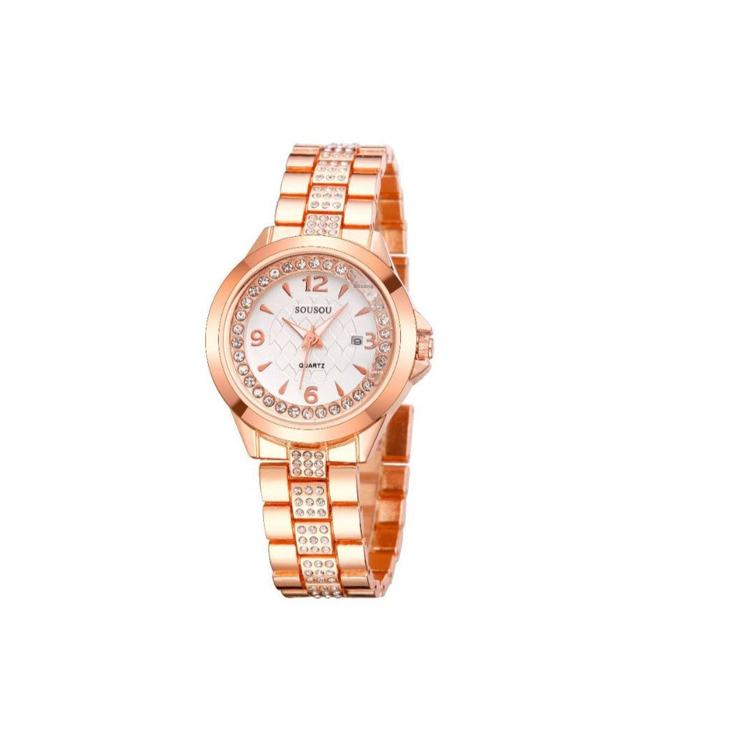 Women's Quartz Watch With Stainless Steel Strap And Buckle, Featuring Tempered Glass Mirror And Pointer Display