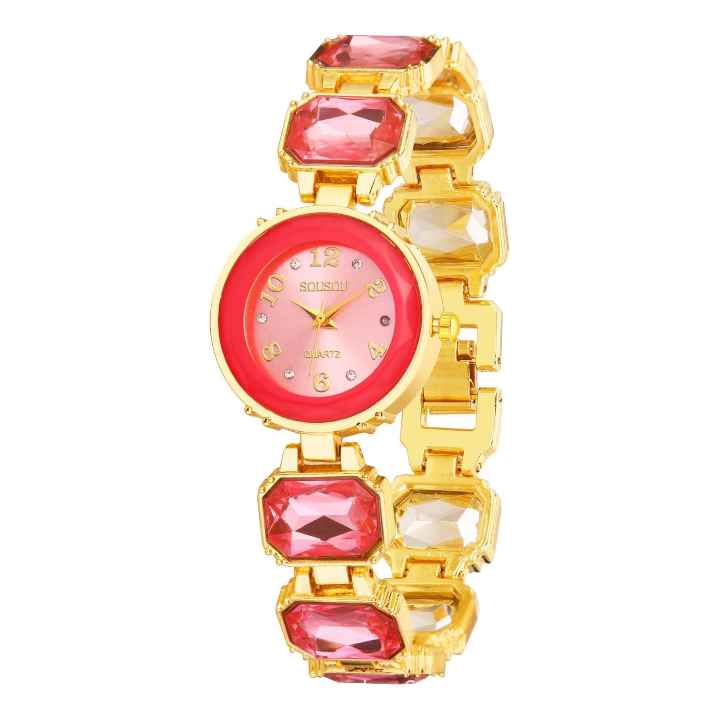 Women's Quartz Watch With Stainless Steel Strap And Buckle, Featuring Tempered Glass Mirror And Pointer+Number Display