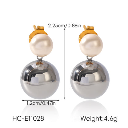 IG Style Ball Stud Earrings For Women In 304 Stainless Steel With 18K Real Gold Plated And Pearl Inlay