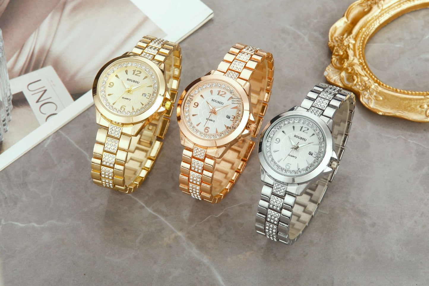Women's Quartz Watch With Stainless Steel Strap And Buckle, Featuring Tempered Glass Mirror And Pointer Display
