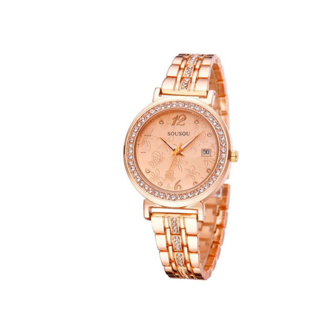 Women's Quartz Watch With Stainless Steel Strap And Buckle, Featuring Tempered Glass Mirror And Pointer Display