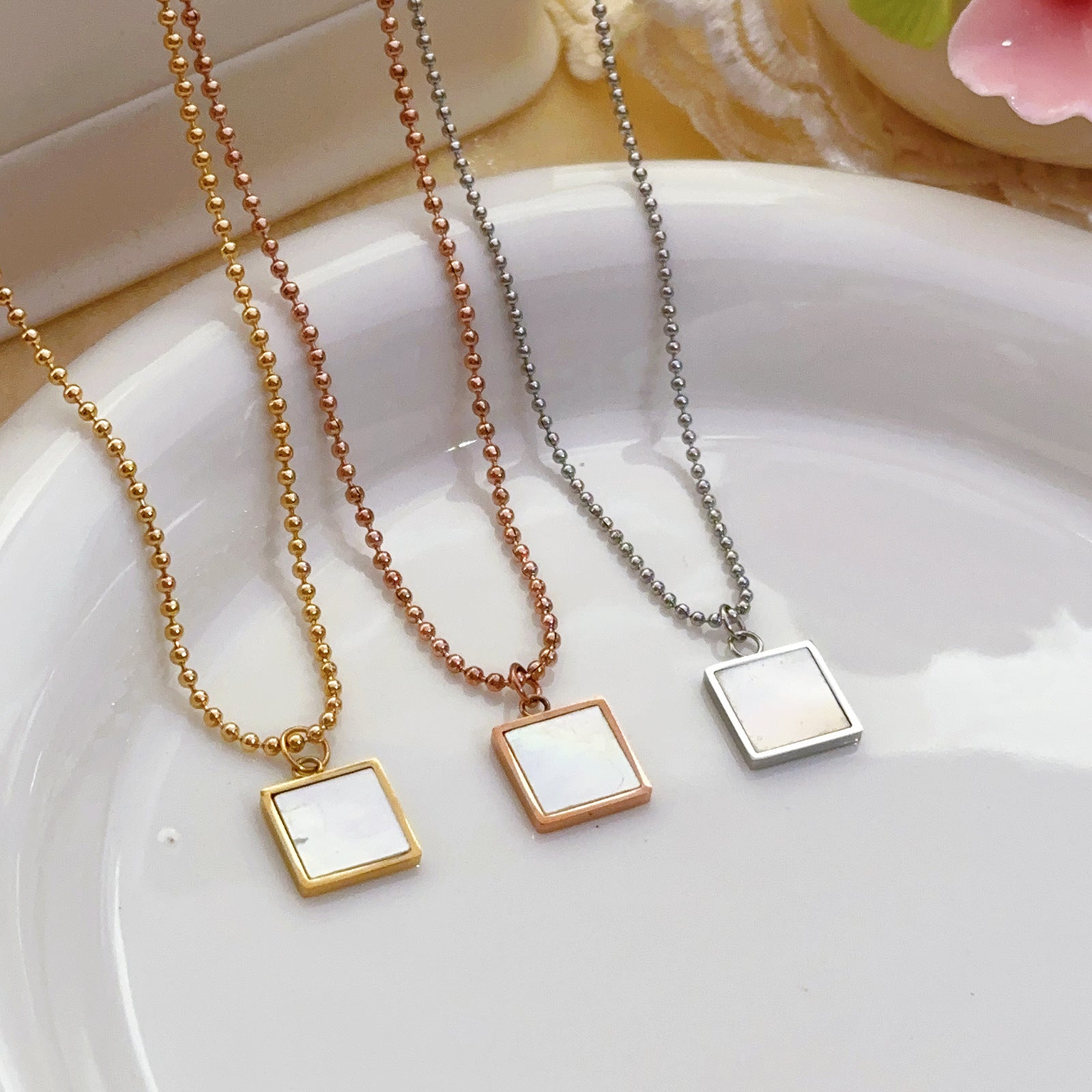 For Women Waterproof Non Tarnish Titanium Steel Shell Pendant Necklace With 18K Real Gold Plated Ball Chain
