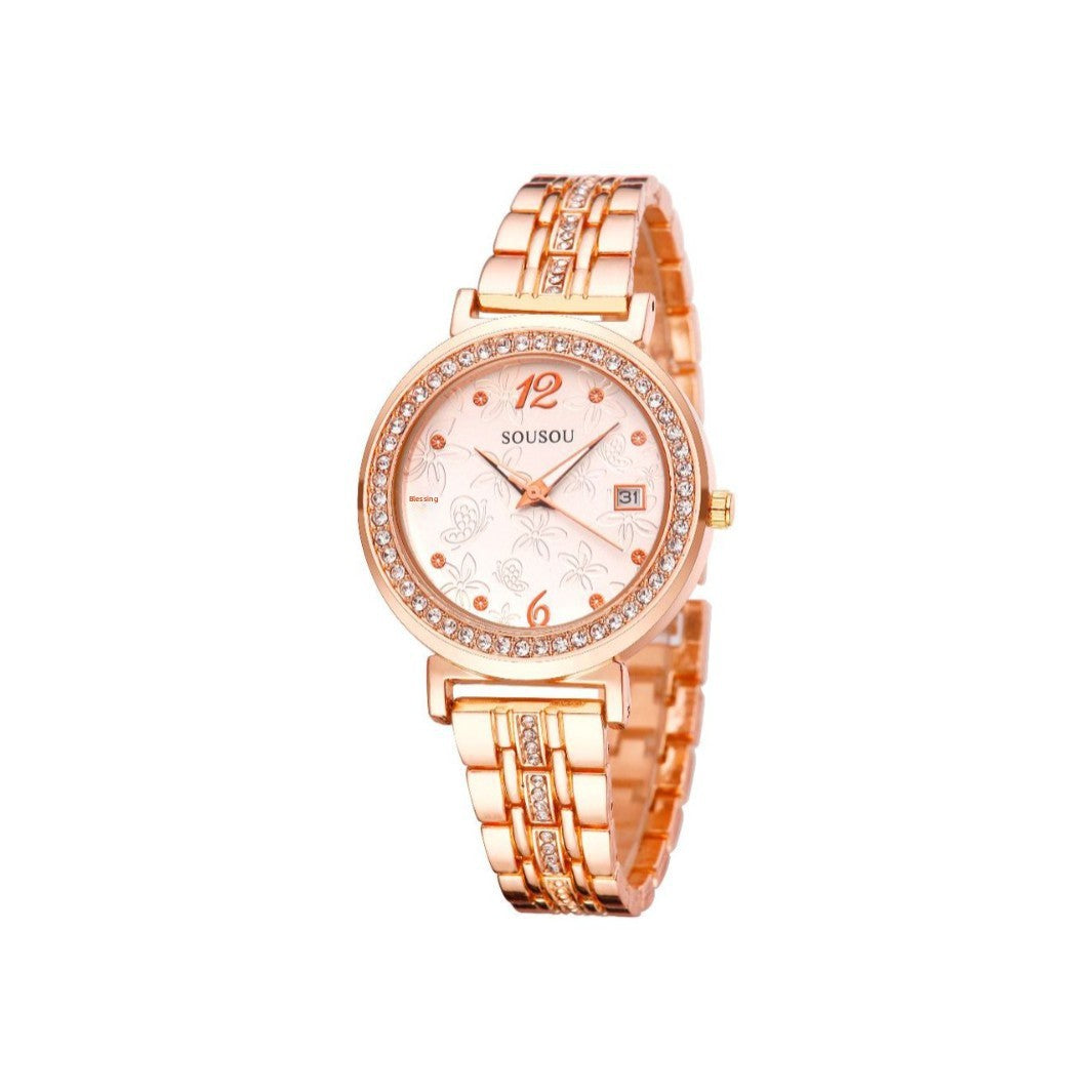 Women's Quartz Watch With Stainless Steel Strap And Buckle, Featuring Tempered Glass Mirror And Pointer Display