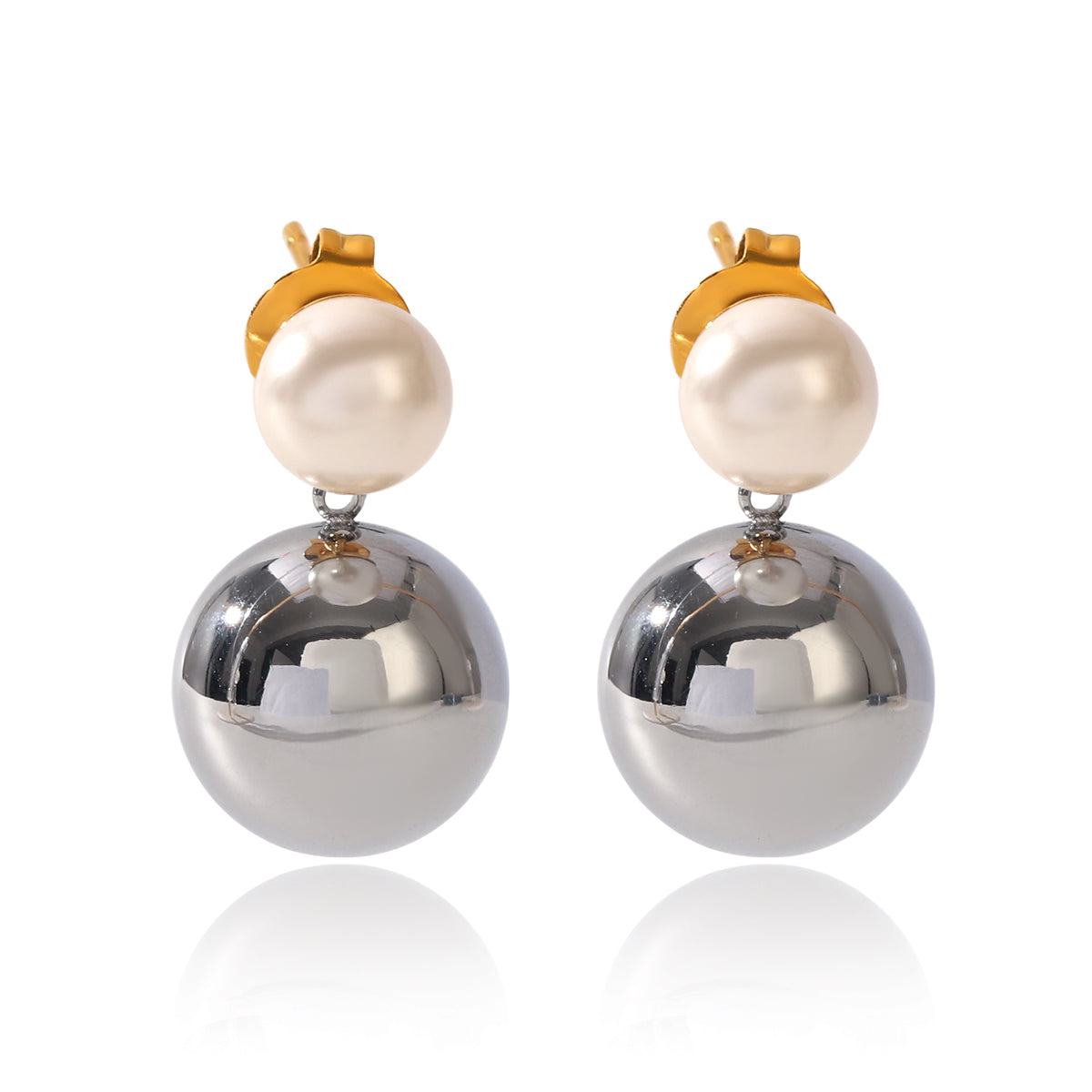 IG Style Ball Stud Earrings For Women In 304 Stainless Steel With 18K Real Gold Plated And Pearl Inlay