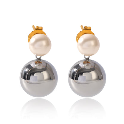 IG Style Ball Stud Earrings For Women In 304 Stainless Steel With 18K Real Gold Plated And Pearl Inlay