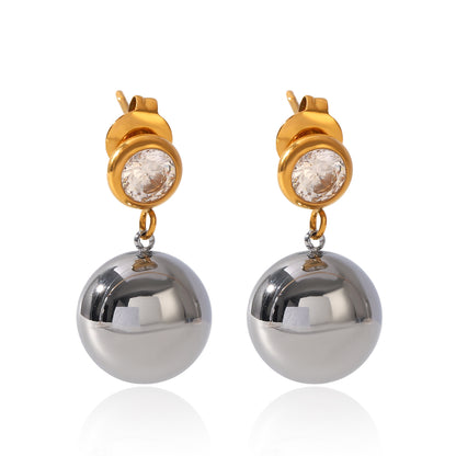 IG Style Ball Stud Earrings For Women In 304 Stainless Steel With 18K Real Gold Plated And Pearl Inlay