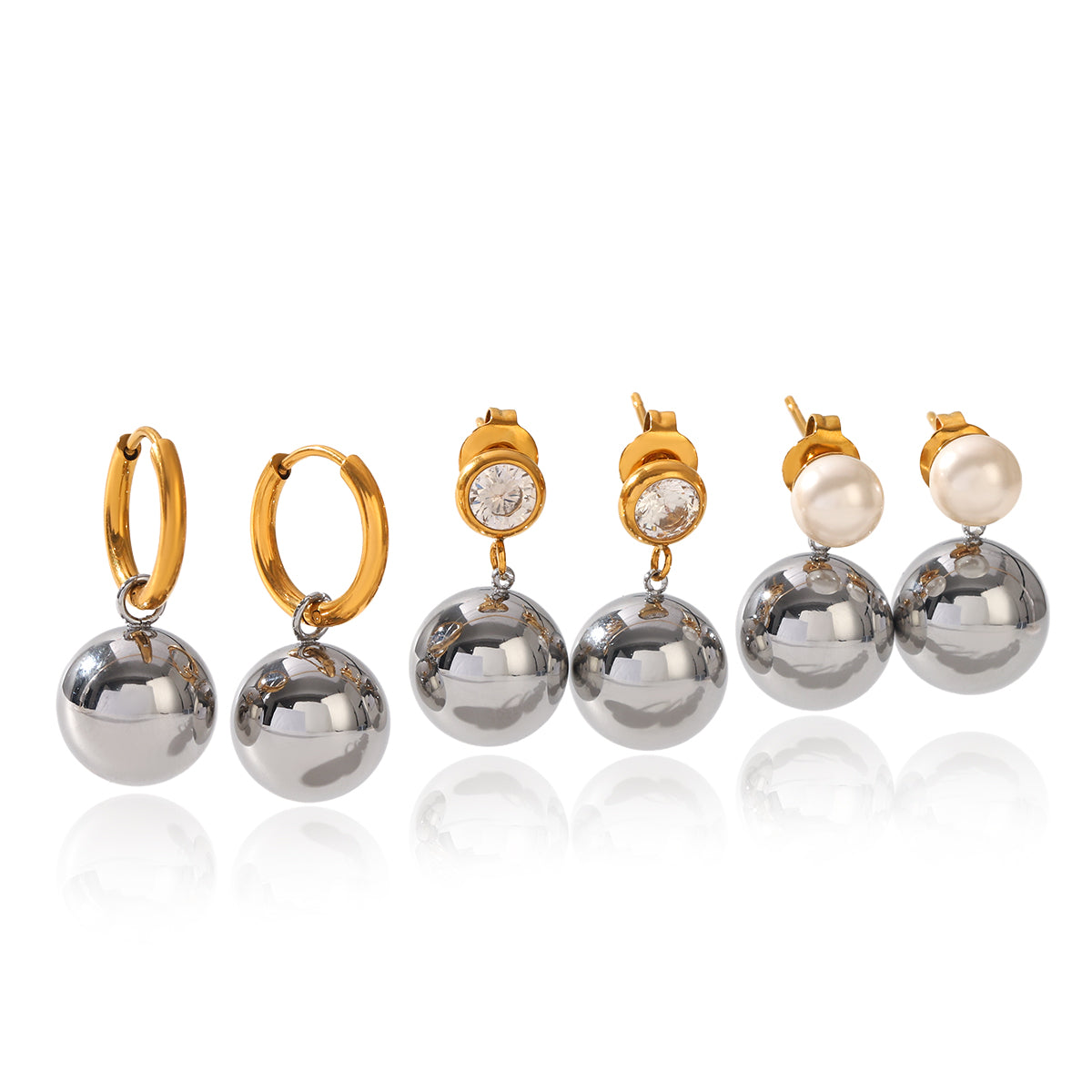 IG Style Ball Stud Earrings For Women In 304 Stainless Steel With 18K Real Gold Plated And Pearl Inlay