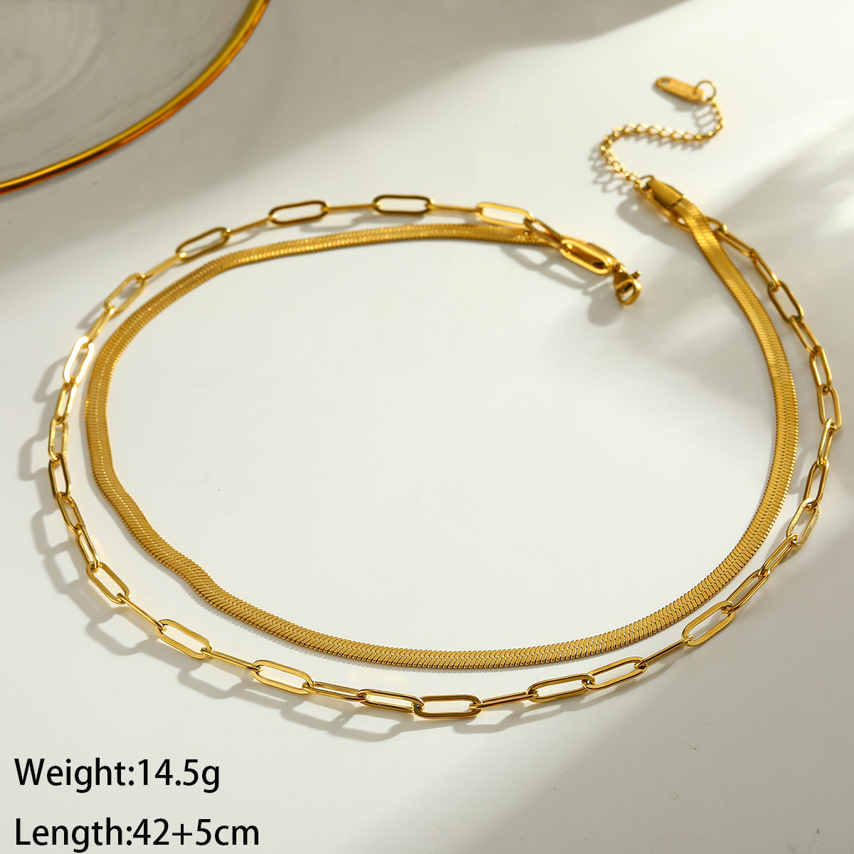 Solid Color Double Layer Necklaces For Women In 201 Stainless Steel With Electroplated 18K Real Gold Plated Flat Snake Chain