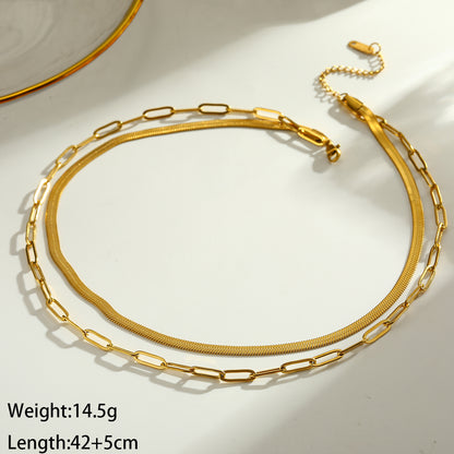 Solid Color Double Layer Necklaces For Women In 201 Stainless Steel With Electroplated 18K Real Gold Plated Flat Snake Chain