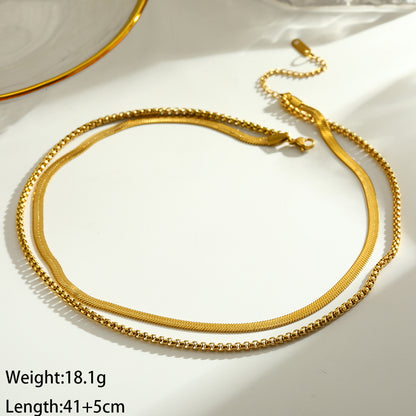 Solid Color Double Layer Necklaces For Women In 201 Stainless Steel With Electroplated 18K Real Gold Plated Flat Snake Chain