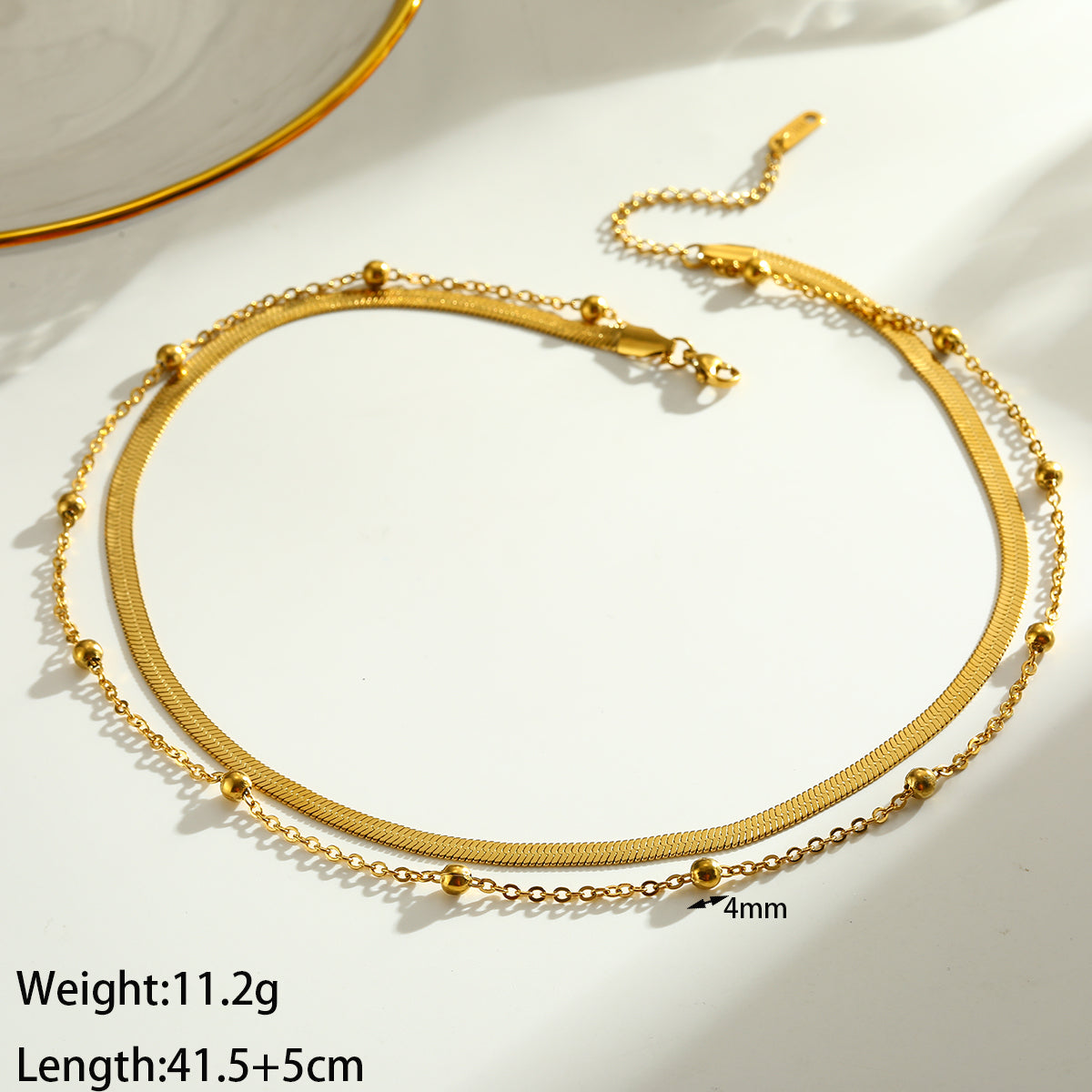 Solid Color Double Layer Necklaces For Women In 201 Stainless Steel With Electroplated 18K Real Gold Plated Flat Snake Chain