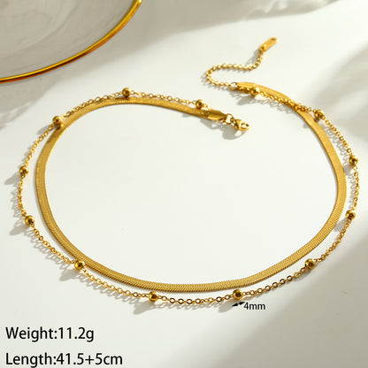 Solid Color Double Layer Necklaces For Women In 201 Stainless Steel With Electroplated 18K Real Gold Plated Flat Snake Chain