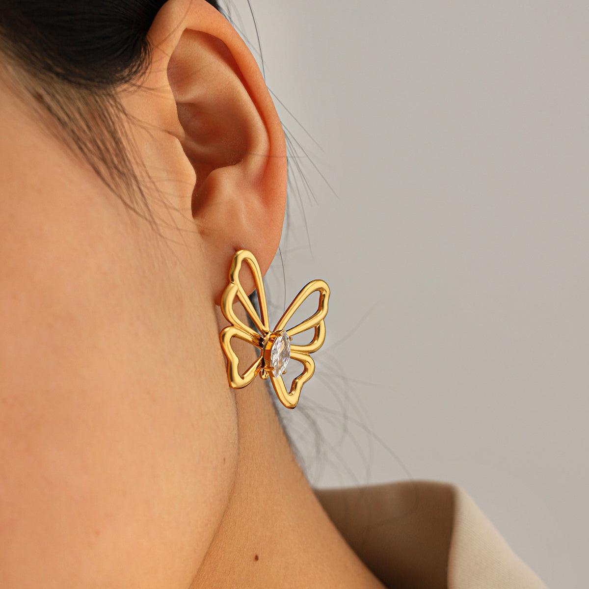 Butterfly Stud Earrings For Women In IG Style, 304 Stainless Steel With 18K Real Gold Plating And Zircon Inlay
