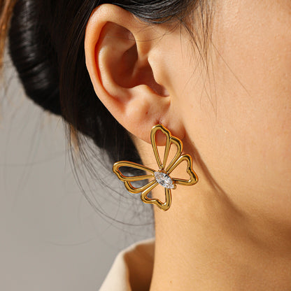 Butterfly Stud Earrings For Women In IG Style, 304 Stainless Steel With 18K Real Gold Plating And Zircon Inlay