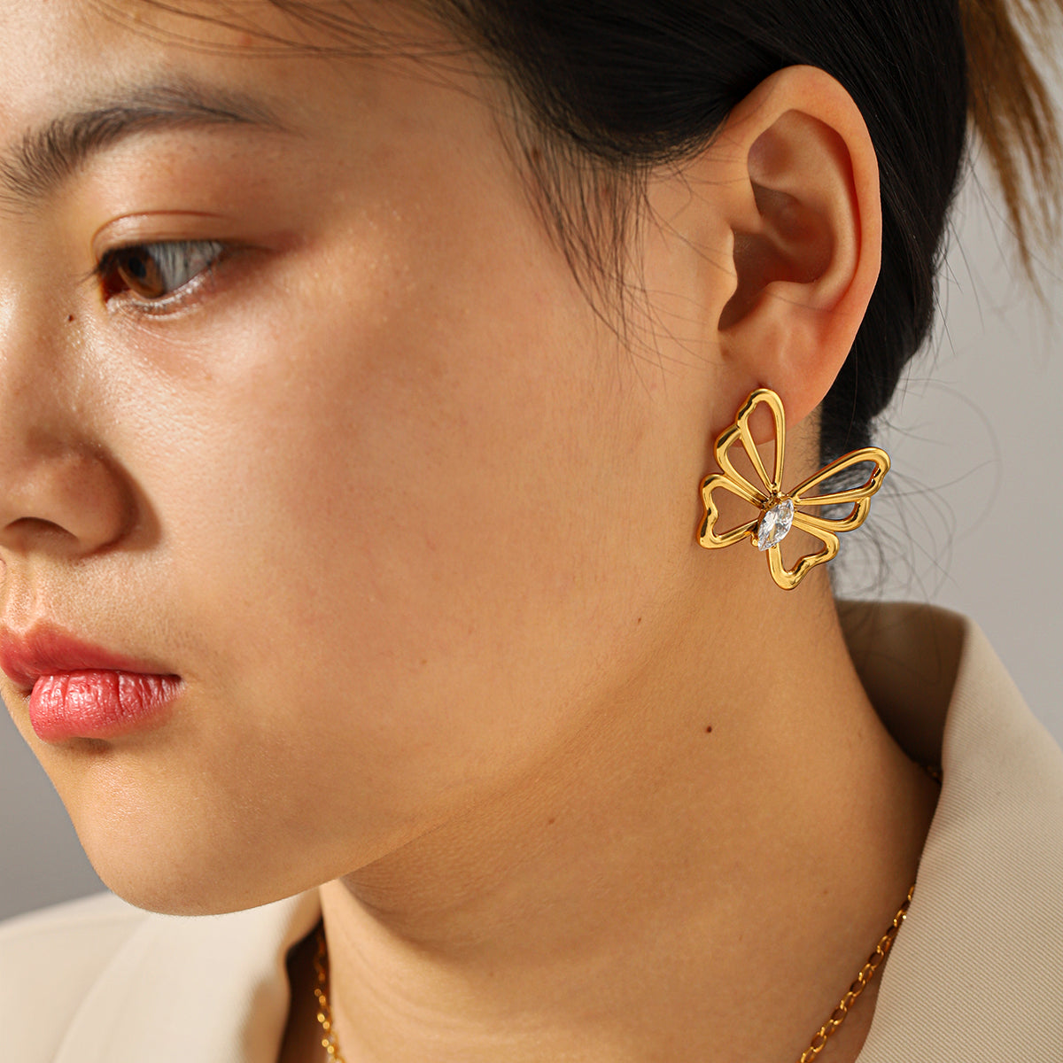 Butterfly Stud Earrings For Women In IG Style, 304 Stainless Steel With 18K Real Gold Plating And Zircon Inlay