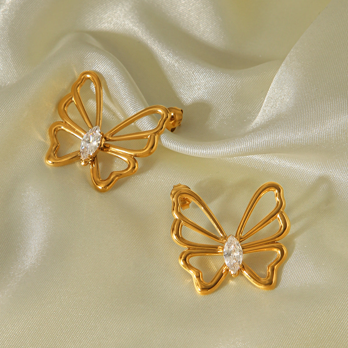 Butterfly Stud Earrings For Women In IG Style, 304 Stainless Steel With 18K Real Gold Plating And Zircon Inlay