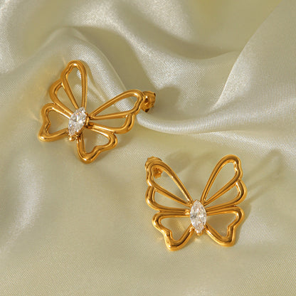 Butterfly Stud Earrings For Women In IG Style, 304 Stainless Steel With 18K Real Gold Plating And Zircon Inlay