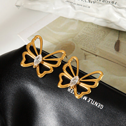 Butterfly Stud Earrings For Women In IG Style, 304 Stainless Steel With 18K Real Gold Plating And Zircon Inlay