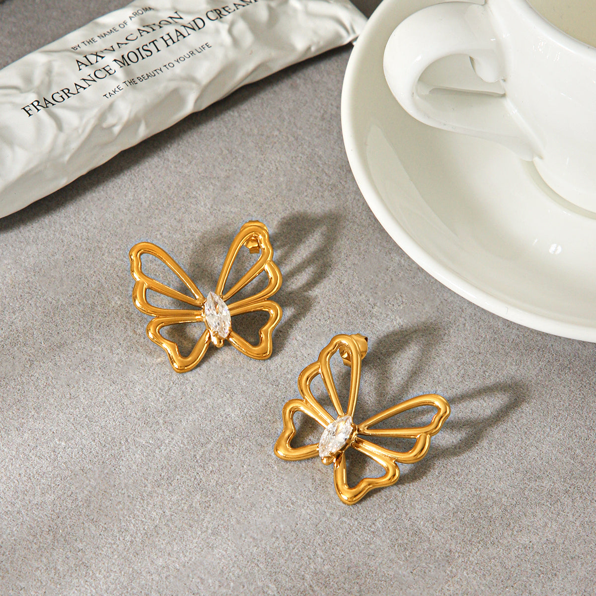 Butterfly Stud Earrings For Women In IG Style, 304 Stainless Steel With 18K Real Gold Plating And Zircon Inlay