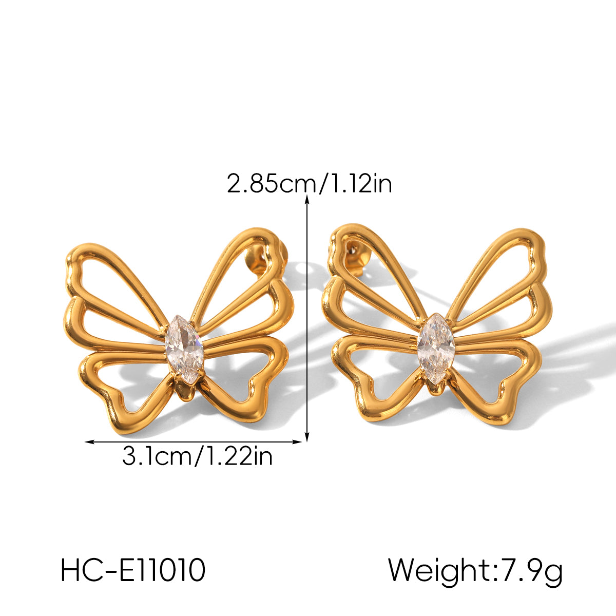 Butterfly Stud Earrings For Women In IG Style, 304 Stainless Steel With 18K Real Gold Plating And Zircon Inlay