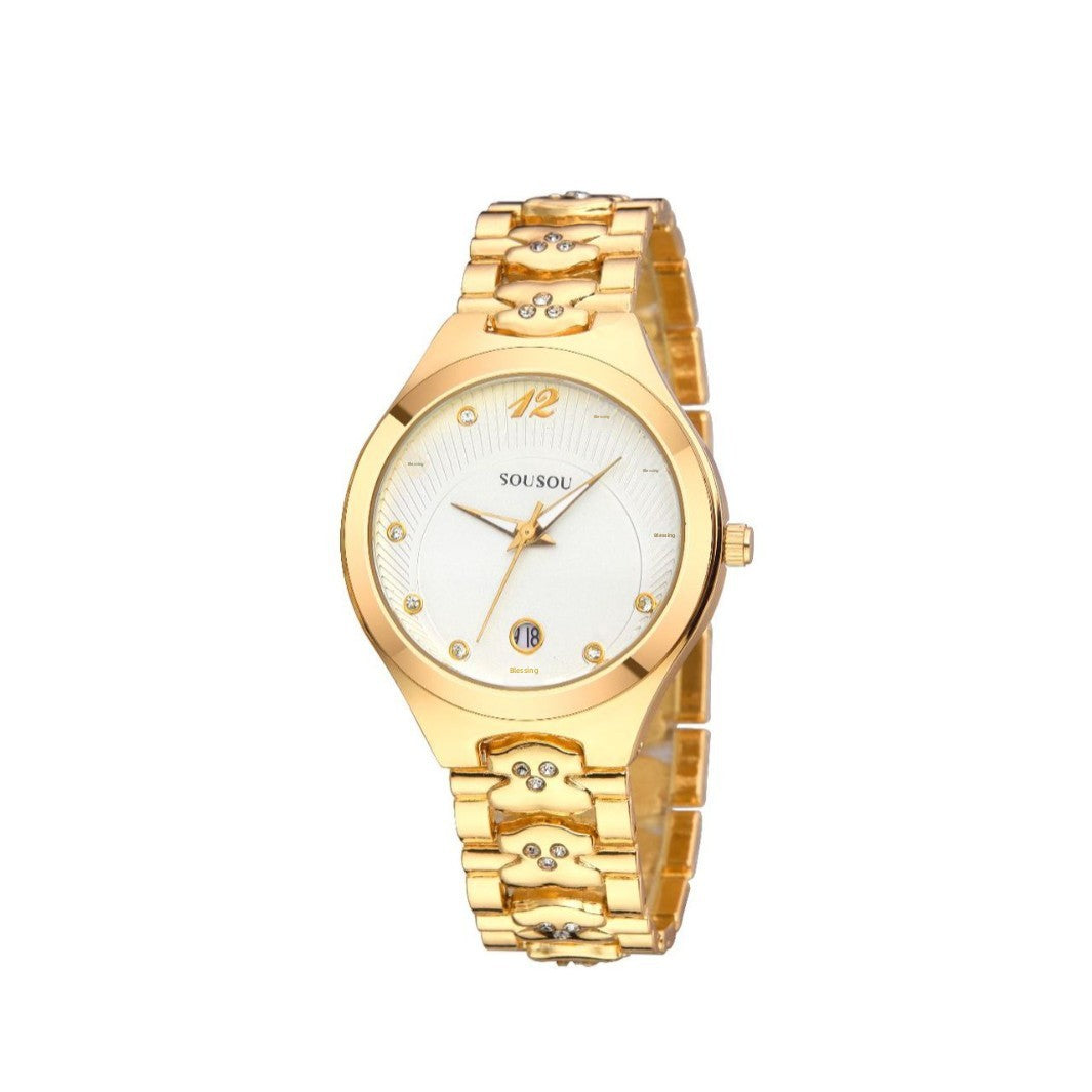 Women's Quartz Watch With Stainless Steel Strap And Buckle, Featuring Tempered Glass Mirror And Pointer Display