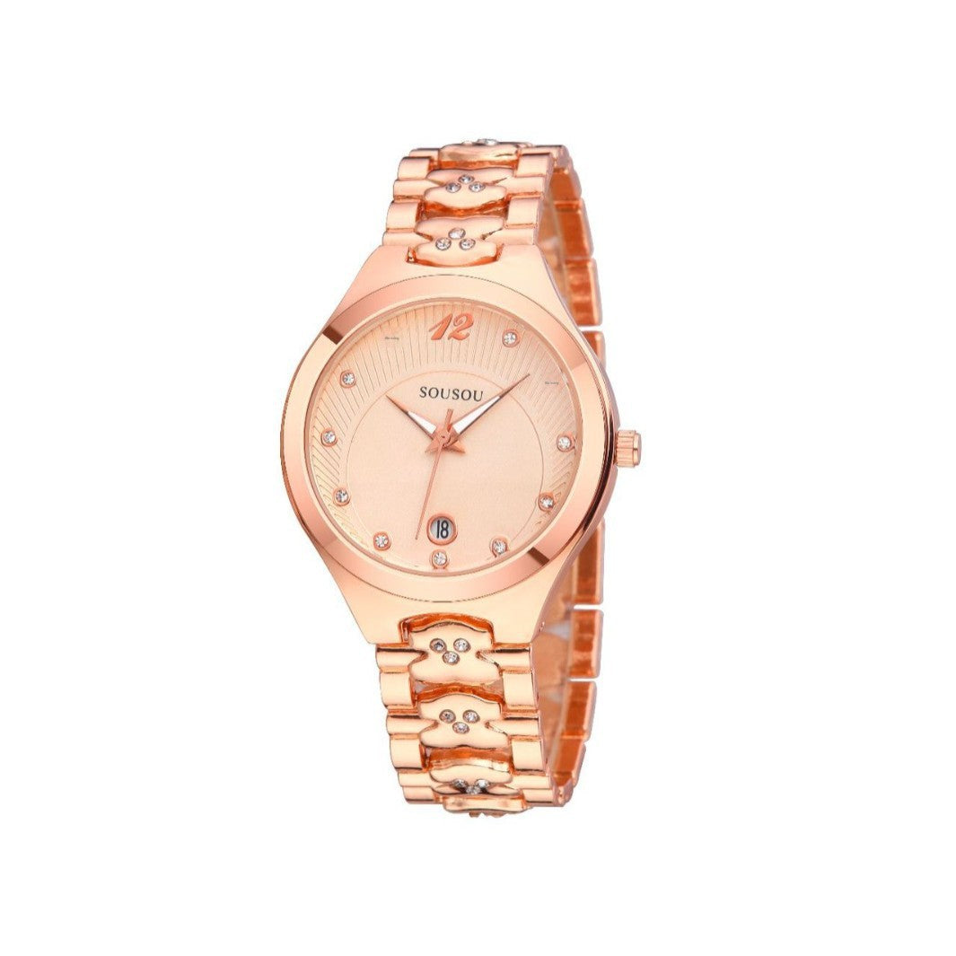 Women's Quartz Watch With Stainless Steel Strap And Buckle, Featuring Tempered Glass Mirror And Pointer Display