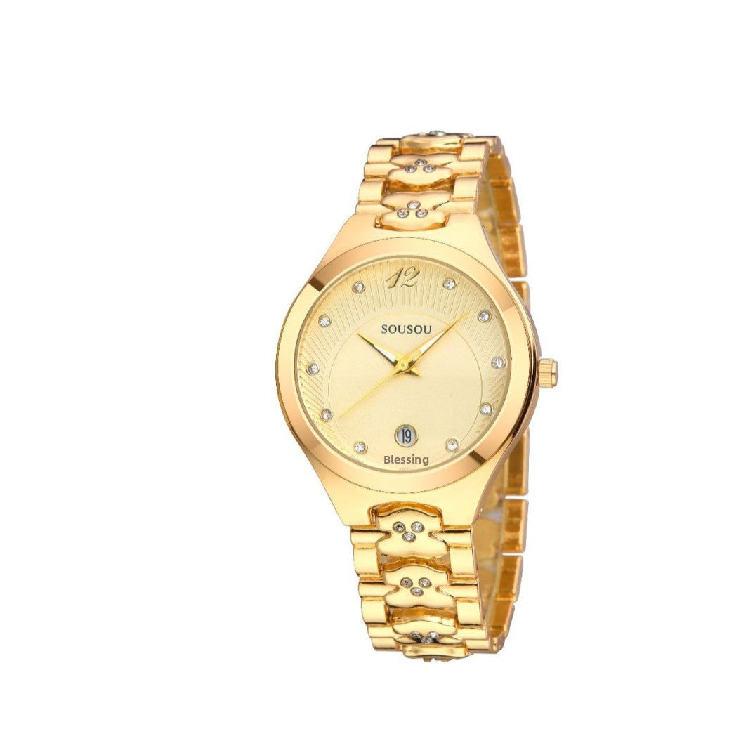 Women's Quartz Watch With Stainless Steel Strap And Buckle, Featuring Tempered Glass Mirror And Pointer Display