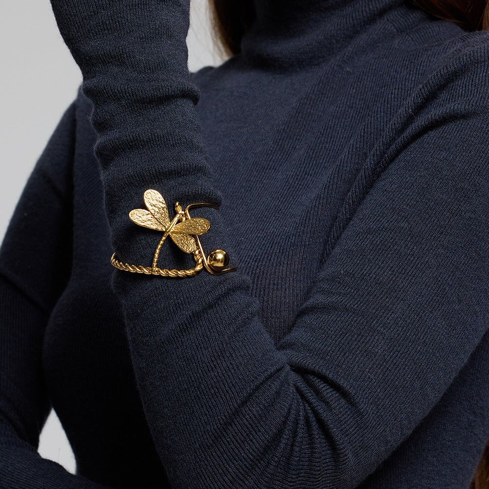 Dragonfly Asymmetrical Bangle For Women, Electroplated Metal With 18K Real Gold Plated Finish
