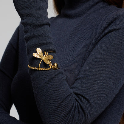 Dragonfly Asymmetrical Bangle For Women, Electroplated Metal With 18K Real Gold Plated Finish