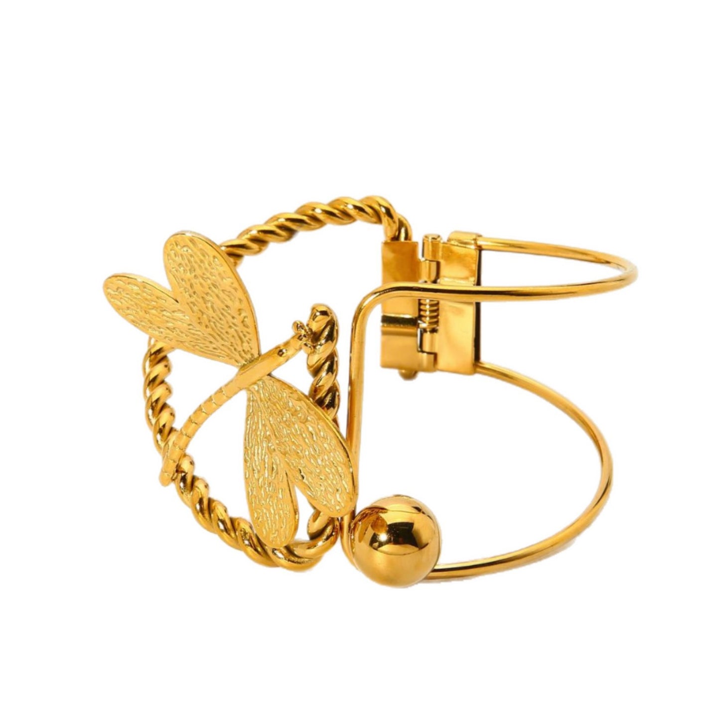 Dragonfly Asymmetrical Bangle For Women, Electroplated Metal With 18K Real Gold Plated Finish