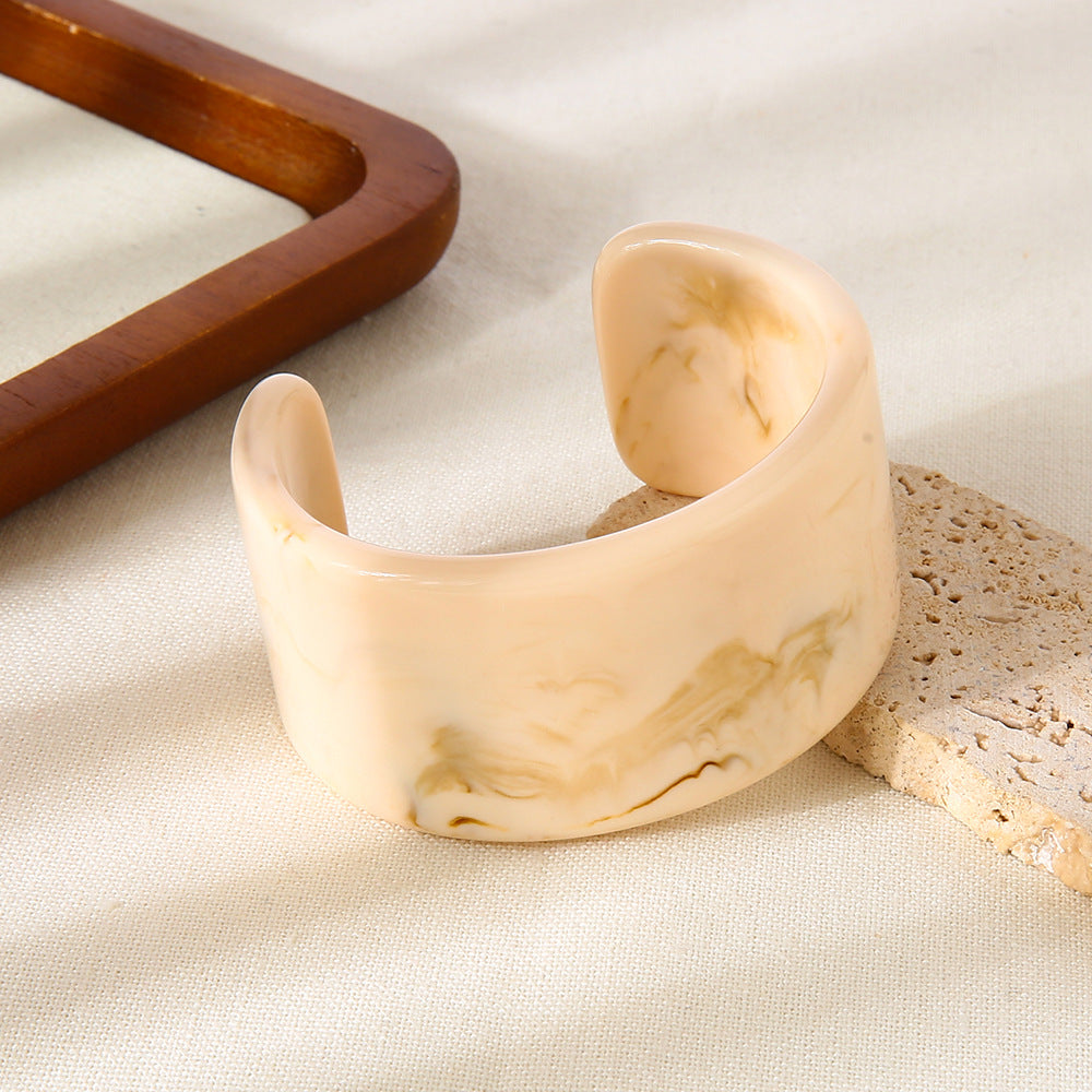 Handmade Maillard Style Wide Bracelet For Women, Resin Bangle Available In Beige
