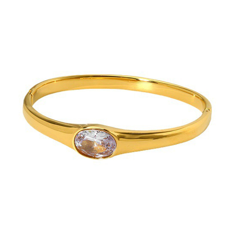 Oval Bangle For Women In Metal Featuring 18K Real Gold Plating And Zircon Inlay