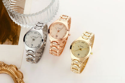 Women's Quartz Watch With Stainless Steel Strap And Buckle, Featuring Tempered Glass Mirror And Pointer Display
