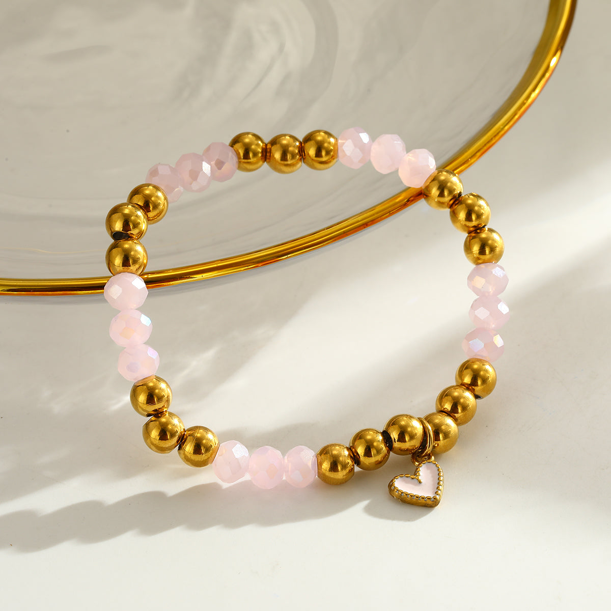 Sweet Round Bracelet For Valentine's Day Featuring 303 Stainless Steel With 18K Real Gold Plated Beaded Chain