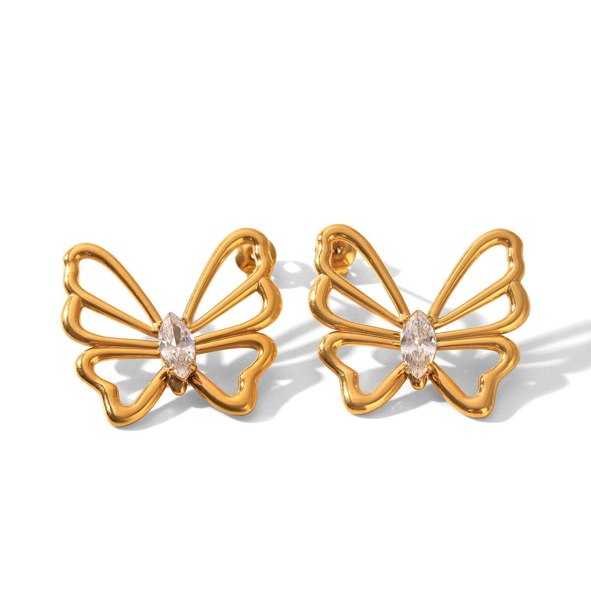 Butterfly Stud Earrings For Women In IG Style, 304 Stainless Steel With 18K Real Gold Plating And Zircon Inlay