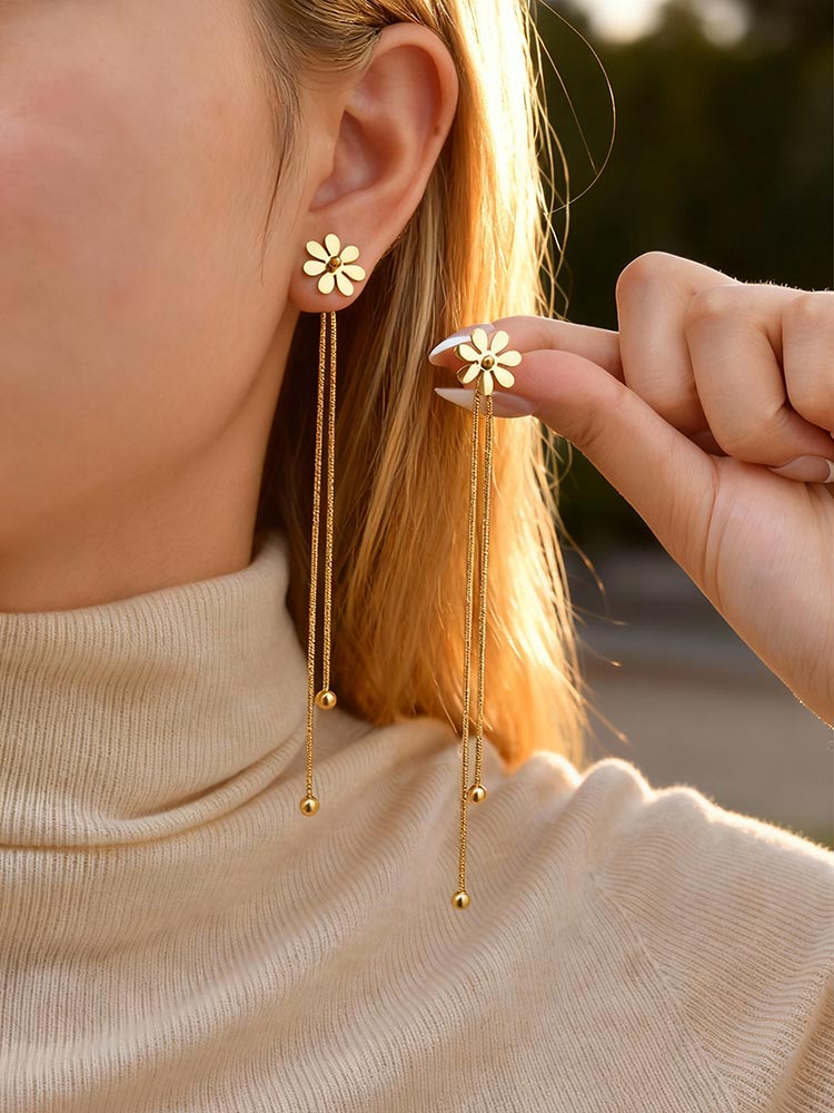 Flowers Earrings For Women In IG Style, Waterproof Non Tarnish 201 Stainless Steel With 18K Real Gold Plated
