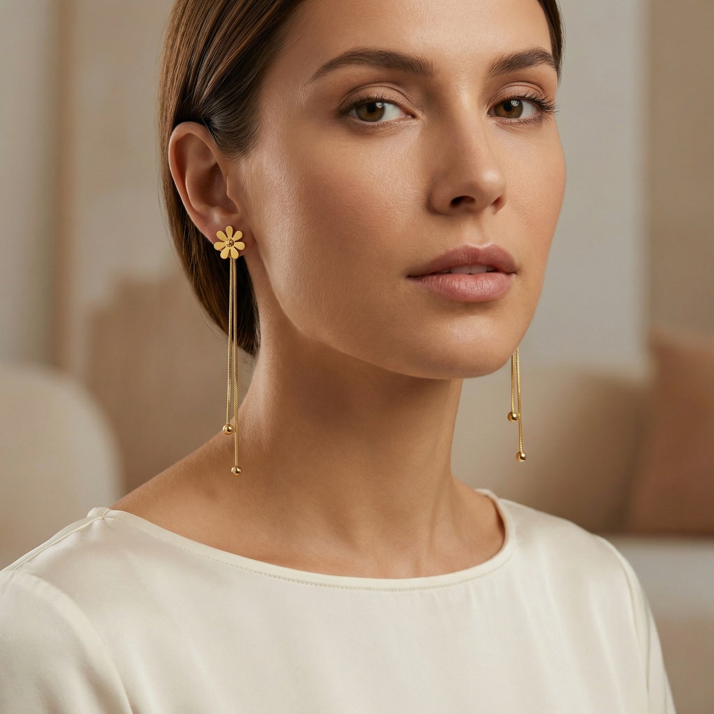 Flowers Earrings For Women In IG Style, Waterproof Non Tarnish 201 Stainless Steel With 18K Real Gold Plated