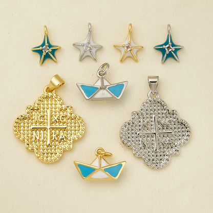 Cross Pendant Copper With 18K Gold Electroplated Finish And Zircon Inlay, 0.05-0.08µm Thickness, 1 Pc