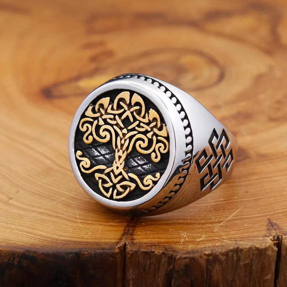 Life Tree Vintage Style Open Ring In Golden Titanium Steel, Unisex Jewelry Accessory