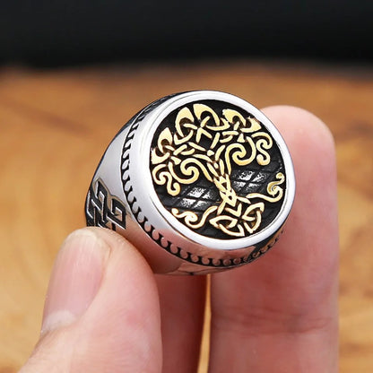 Life Tree Vintage Style Open Ring In Golden Titanium Steel, Unisex Jewelry Accessory
