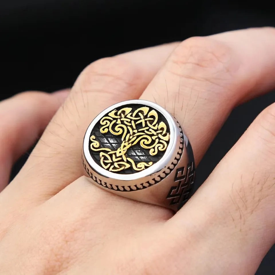 Life Tree Vintage Style Open Ring In Golden Titanium Steel, Unisex Jewelry Accessory