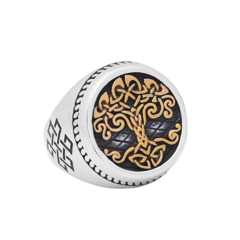 Life Tree Vintage Style Open Ring In Golden Titanium Steel, Unisex Jewelry Accessory